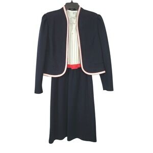 Leslie Fay Womens 80s Navy Red Ivory 3 Piece Belted Midi Career Dress Set 14 Vtg